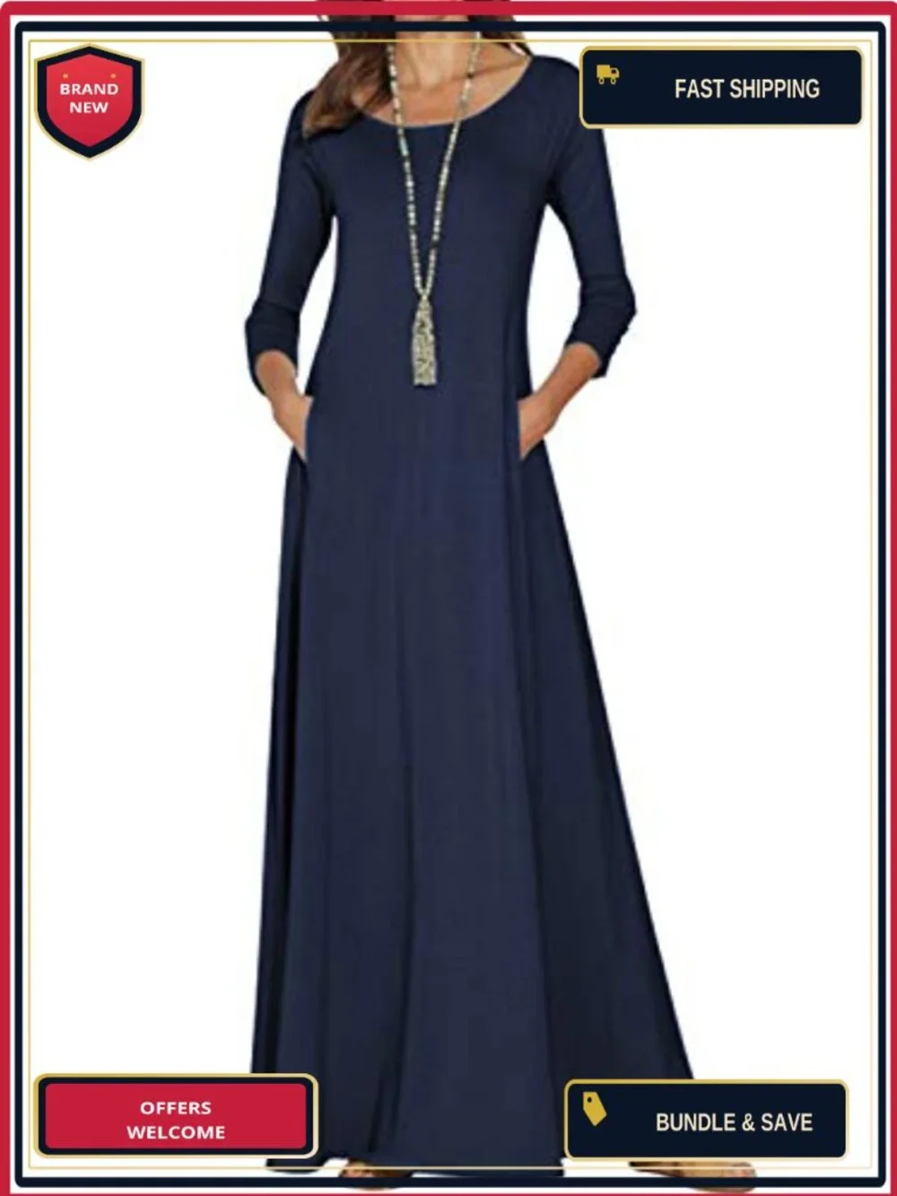 Women's 65% Polyester & 35% Cotton 3/4 Sleeve Maxi Dress with Pockets